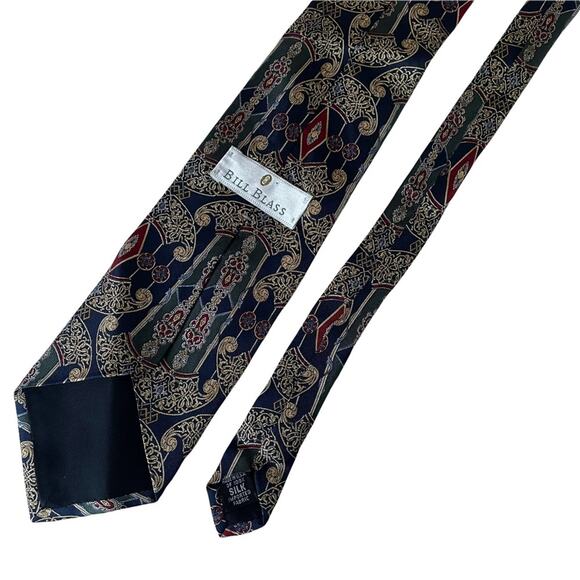 Bill Blass SIlk Tie Ornate Baroque Filigree Made in USA Navy Gold Red EUC - Picture 3 of 9